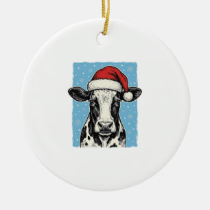 Vintage Christmas Cow Santa Hat Vector Design_1 Ceramic Tree Decoration