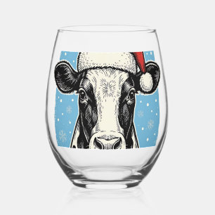 Vintage Christmas Cow Santa Hat Vector Design_1 Stemless Wine Glass