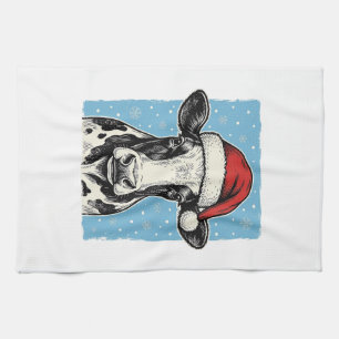Vintage Christmas Cow Santa Hat Vector Design_1 Tea Towel