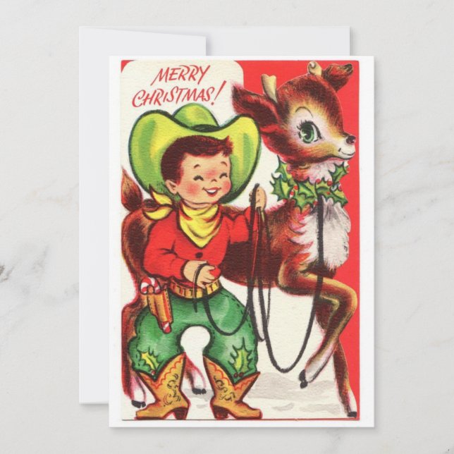 Vintage Christmas Cowboy With Reindeer Holiday Card (Front)