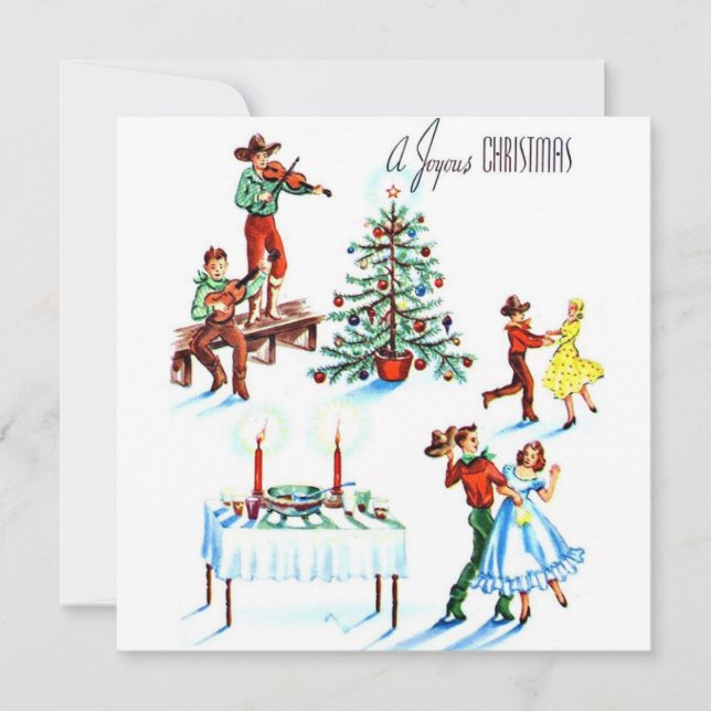 Vintage Christmas cowboys And Cowgirls Dancing Holiday Card (Front)