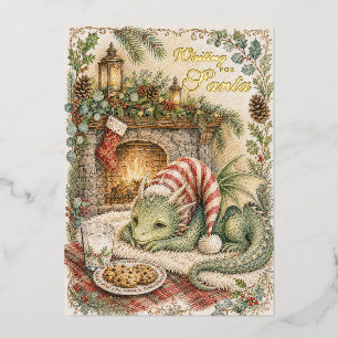 Vintage Christmas Cute Baby Dragon Waiting Santa