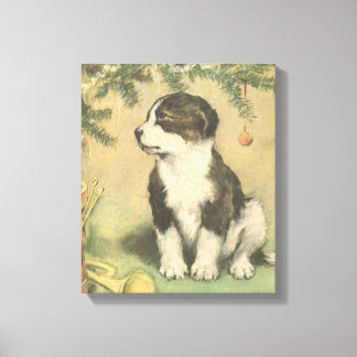 Vintage Christmas, Cute Puppy Under Christmas Tree Canvas Print