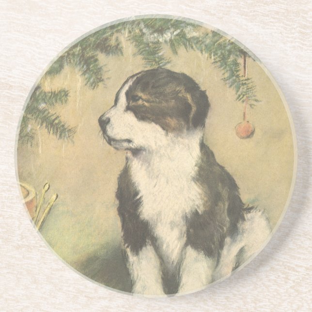 Vintage Christmas, Cute Puppy Under Christmas Tree Coaster (Front)