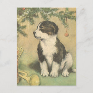 Vintage Christmas, Cute Puppy Under Christmas Tree Holiday Postcard
