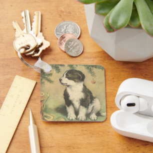 Vintage Christmas, Cute Puppy Under Christmas Tree Key Ring