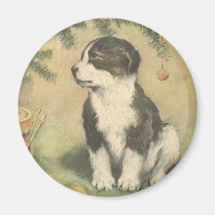 Vintage Christmas, Cute Puppy Under Christmas Tree Magnet