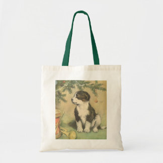 Vintage Christmas, Cute Puppy Under Christmas Tree Tote Bag