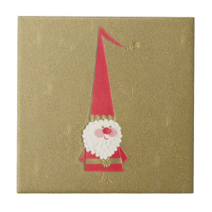 Vintage Christmas, Cute Santa Claus Gnome on Gold Tile
