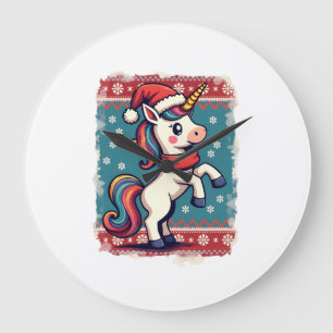 Vintage Christmas Dabbing Unicorn Rainbow Holiday  Large Clock
