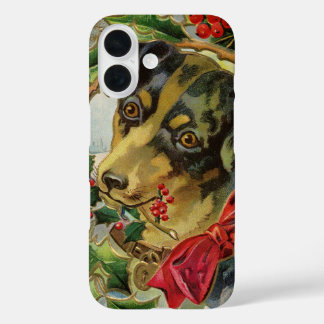Vintage Christmas, Dachshund Puppy Dog with Holly iPhone 16 Case
