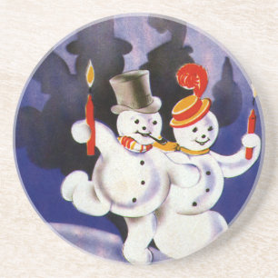 Vintage Christmas Dancing Snowmen with Candles Coaster