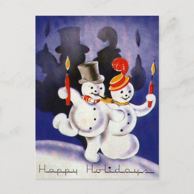 Vintage Christmas Dancing Snowmen with Candles Holiday Postcard (Front)
