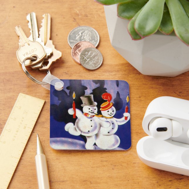 Vintage Christmas Dancing Snowmen with Candles Key Ring (Desk)