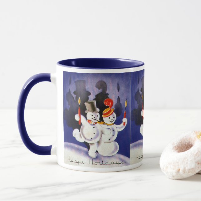 Vintage Christmas Dancing Snowmen with Candles Mug (With Donut)