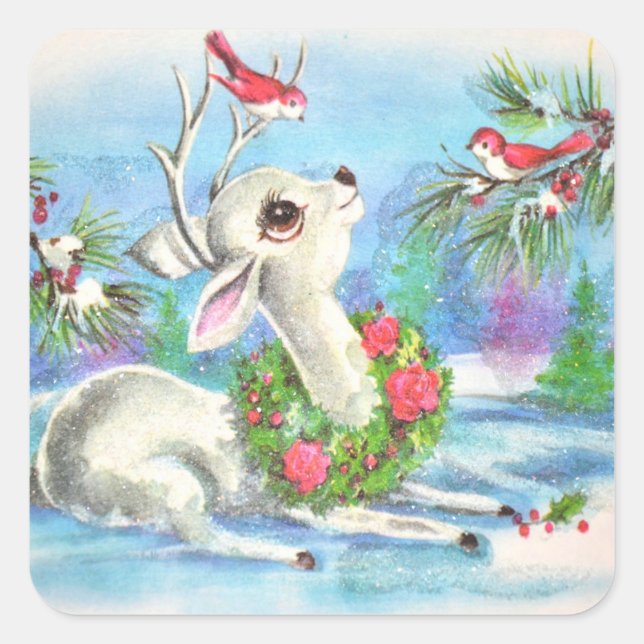 Vintage Christmas Deer And Birds Square Sticker (Front)