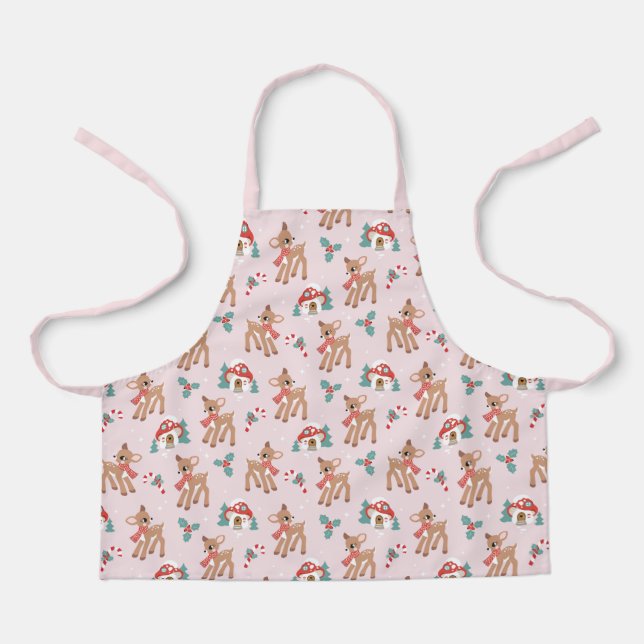 Vintage Christmas Deer and Mushroom Houses Pattern Apron (Front)