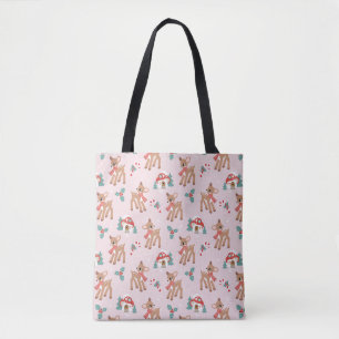 Vintage Christmas Deer and Mushroom Houses Pattern Tote Bag