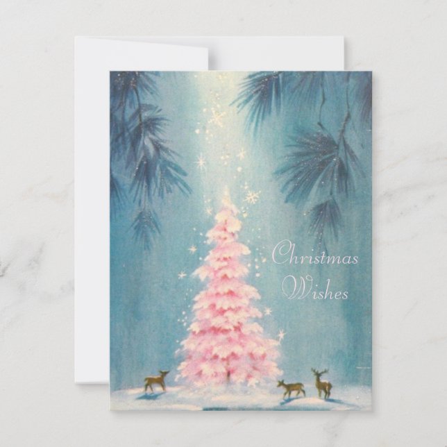 Vintage Christmas Deer Around Pink Tree Holiday Card (Front)