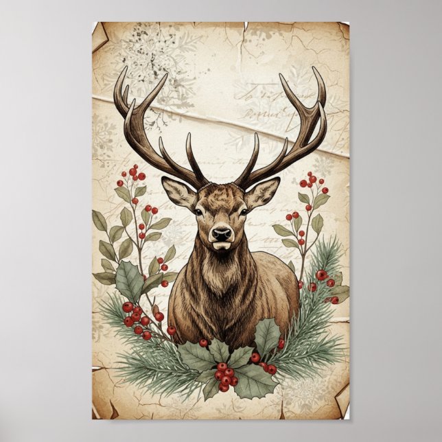 Vintage Christmas Deer Decoupage Art Poster (Front)