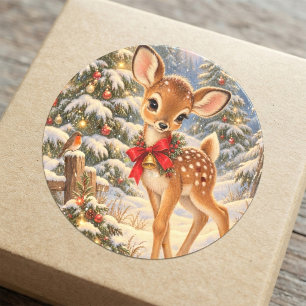 Vintage Christmas Deer Fawn in Snowy Woodland Classic Round Sticker