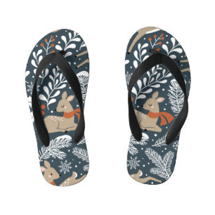 Vintage Christmas deer, festive design Kid's Jandals