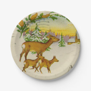 Vintage Christmas Deer Paper Plate