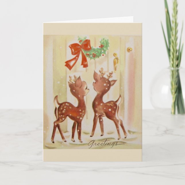 Vintage - Christmas Deer Send Greetings, Holiday Card (Front)