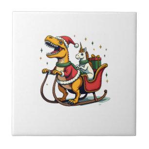 Vintage Christmas Dinosaur Unicorn Sleigh Funny Ho Tile