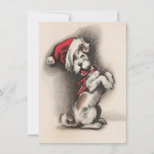 Vintage Christmas Dog Santa Hat Holiday Card