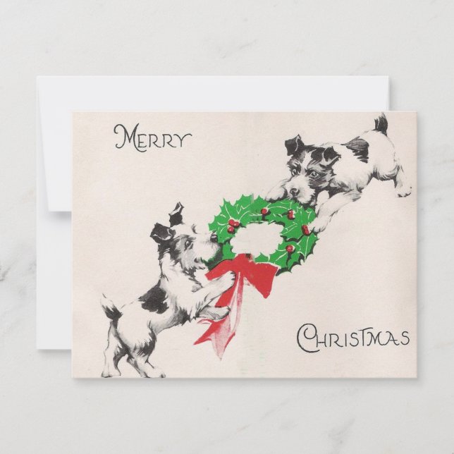 Vintage Christmas Dogs Playing With Wreath Holiday Card (Front)