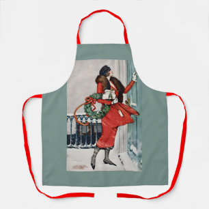 Vintage Christmas Doorstep Illustration Apron