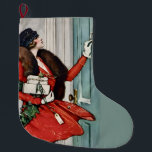 Vintage Christmas Doorstep Illustration Large Christmas Stocking<br><div class="desc">Celebrate the charm of a classic winter holiday with this beautiful vintage-style illustration featuring an elegant woman in a vibrant red coat delivering festive gifts. Holding a holly wreath and ringing a doorbell in the snow, this nostalgic scene captures the warmth and sophistication of early 20th-century holiday fashion and seasonal...</div>