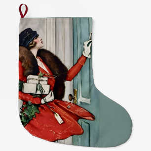 Vintage Christmas Doorstep Illustration Large Christmas Stocking