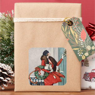Vintage Christmas Doorstep Illustration Square Sticker