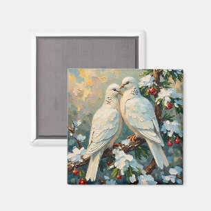 Vintage Christmas Doves on Snowy Evergreen Branch Magnet