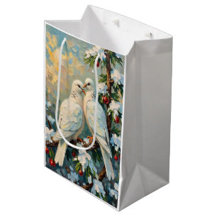 Vintage Christmas Doves on Snowy Evergreen Branch Medium Gift Bag