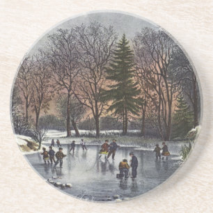 Vintage Christmas, Early Winter Skaters on a Pond Coaster