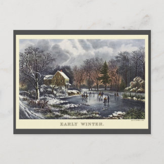 Vintage Christmas, Early Winter Skaters on a Pond Holiday Postcard