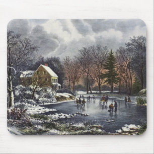Vintage Christmas, Early Winter Skaters on a Pond Mouse Pad