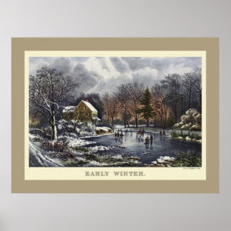 Vintage Christmas, Early Winter Skaters on a Pond Poster