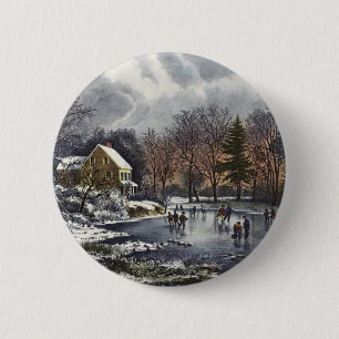 Vintage Christmas, Early Winter Skaters on Pond 6 Cm Round Badge