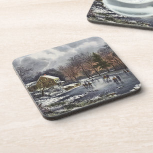 Vintage Christmas, Early Winter Skaters on Pond Coaster