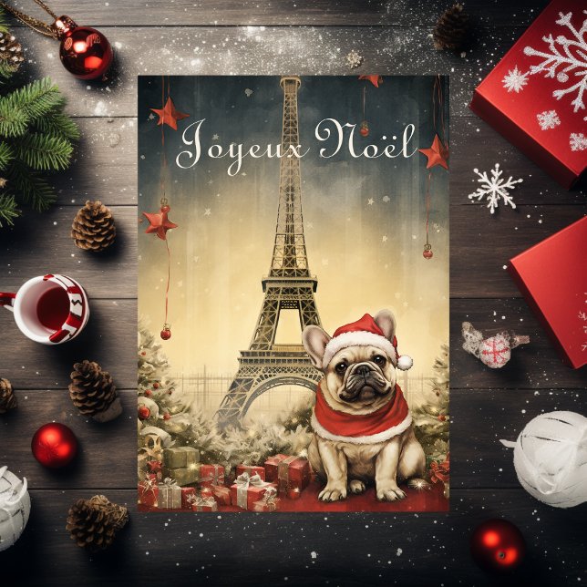 Vintage Christmas Eiffel Tower French Bulldog Holiday Card (Creator Uploaded)