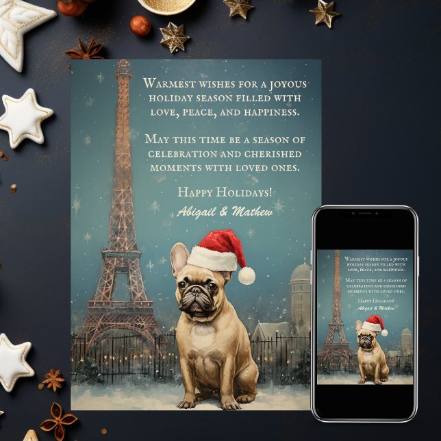 Vintage Christmas Eiffel Tower French Bulldog Holiday Card (Creator Uploaded)