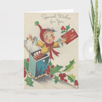 Vintage Christmas Elf In A Box Holiday Card