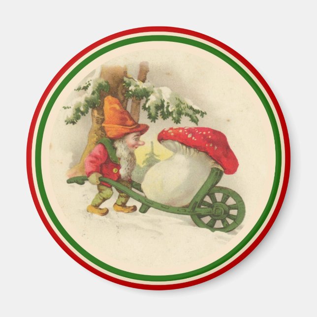 Vintage Christmas Elf with Mushroom Magnet (Front)