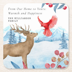 VINTAGE CHRISTMAS ELK RED CARDINAL PERSONALIZED  SQUARE PAPER COASTER