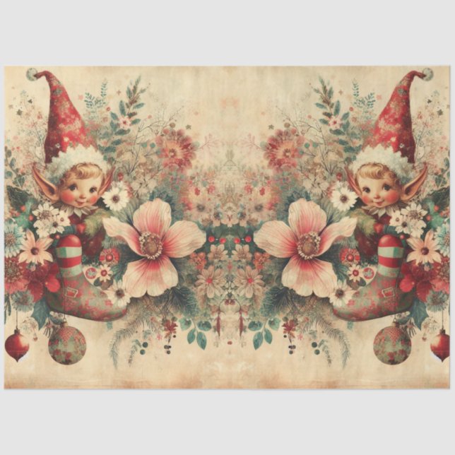 Vintage Christmas Elves & Florals Decoupage Tissue Paper (Front)