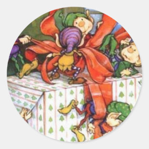 Vintage Christmas Elves Gift Wrapping Classic Round Sticker